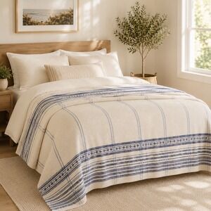 Threshold King Cotton Americana Plaid Blanket Blue Cream Reversible 92x108 NEW